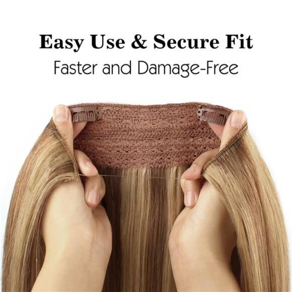 Fish Line Hair Extensions, Chestnut Brown w/Dark Blonde Highlights 22 Inch 100 G - Picture 5 of 7